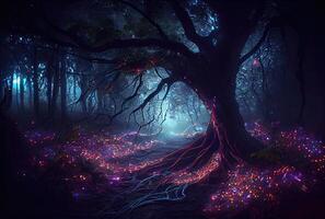 Dark spooky enchanted forest with glowing fairy light and fireflies. photo