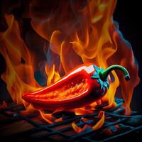 Red chili with burning fire flame on grill on black background. photo