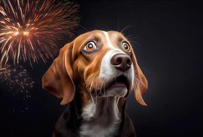 The dog is afraid and shocked by the sound of fireworks with sky background. Pet and animal concept. Digital art illustration. photo