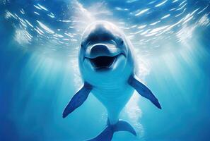 contento delfín nadando en el acuario o mar antecedentes. marina vida y animal concepto. digital Arte ilustración. generativo ai foto