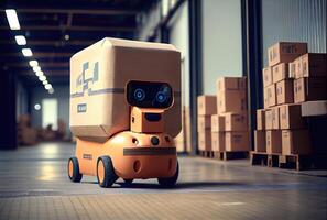 Robot AGV transporting cardboard box in warehouse background. Technology innovation and delivery concept. photo