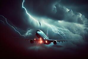 Commercial airplane hit by lightning thunder in bad weather storm background. Transportation and accident concept. photo