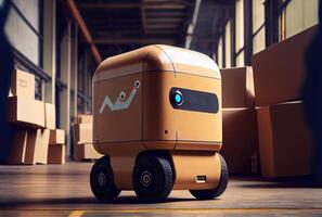 Robot AGV transporting cardboard box in warehouse background. Technology innovation and delivery concept. photo