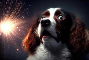 The dog is afraid and shocked by the sound of fireworks with sky background. Pet and animal concept. Digital art illustration. photo