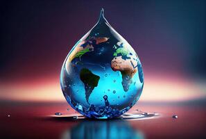 Earth in water drop shape dropping on the ground background. Environment and World savings concept. Digital art illustration. photo