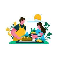 padre y niño Cocinando juntos en el cocina plano ilustración minimalista moderno vector conceptos para web página sitio web desarrollo, móvil aplicación