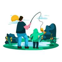 padre y niño pescar por un sereno lago plano ilustración minimalista moderno vector conceptos para web página sitio web desarrollo, móvil aplicación