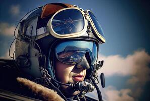 Head shot of fighter pilot flying on the high sky in the airspace for national defense or world war. Portrait of soldier. photo