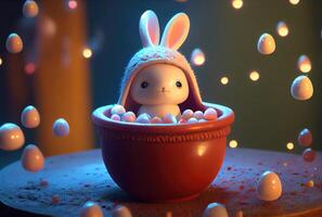 Cute rabbit bunny in the container. Magical fantasy concept. photo