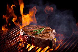 T-Bone steak or Porterhouse on grill with blazing fire flame. Food and cuisine concept. photo