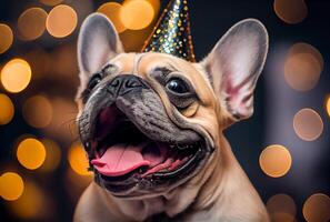 Portrait of cute happy French Bulldog in the celebration party with bokeh light and confetti in the dark background. photo