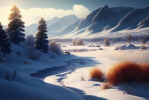 Snowy landscape with lake and pine tree mountain scene background. Nature and rural scene concept. Digital art illustration. photo