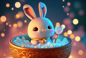 Cute rabbit bunny in the container. Magical fantasy concept. photo