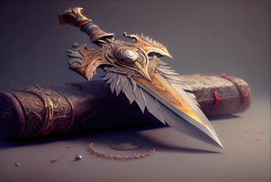 Fantasy Dagger made from wrath of god. Item and weapon concept. Digital art illustration. photo