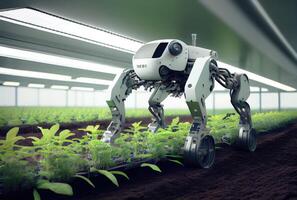 Robot farming harvesting agricultural products in greenhouse. Innovative futuristics technology and 5G smart farming concept. photo