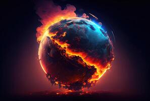 Burning earth with lava on dark background. Global warming and Environment conservation concept. photo