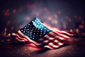 el unido estados de America Estados Unidos bandera con vistoso brillante bokeh ligero antecedentes. nación bandera en el oscuro con iluminación ligero. nacional día concepto. generativo ai foto