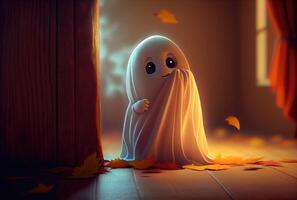 Cute spooky fabric ghost doing hide and seek in Halloween party background. Funny character art concept. photo