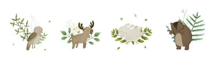 cute childish composition with forest animal and leaves, plants, design and print vector