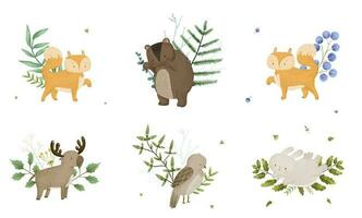 cute childish composition with forest animal and leaves, plants, design and print vector