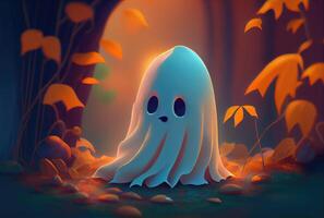 Cute spooky fabric ghost doing hide and seek in Halloween party background. Funny character art concept. photo