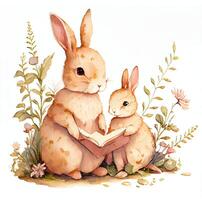 Rabbit family spends time together reading a book on white background. Animal and education concept. photo