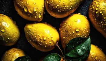 Close up of clean ripe Mangoes with water drop in dark black background. Fresh fruit and Vegetable concept. Nutrition and vitamin theme. photo