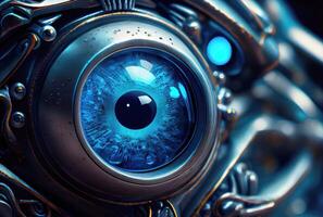 Closeup of blue robot eyes with metallic structure background. Technology and Innovation concept. photo