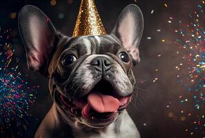 Portrait of cute happy French Bulldog in the celebration party with bokeh light and confetti in the dark background. photo