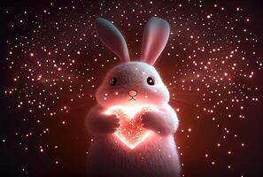 Cute rabbit holding glowing heart. photo