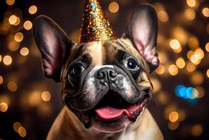 Portrait of cute happy French Bulldog in the celebration party with bokeh light and confetti in the dark background. photo