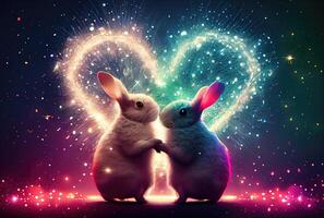 Rabbit couple with heart shape light background. Valentines day concept. photo