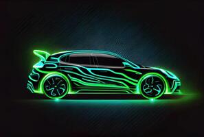 Modern car with green light trail as speed and energy power on black dark background. Transportation and innovation concept. photo