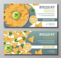 Discount voucher, mexican food template design. Coupon with nachos and guacamole sauce. Banner, poster, flyer, advertising for a restaurant vector