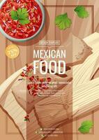 Mexican food flyer template. Tamales with salsa. Vector illustration of traditional mexican food. Discount poster, banner flyer for cafe and restaurant