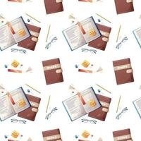 Seamless pattern with textbooks and stationery on a white background. The texture is great for paper, wallpaper, textiles. school theme, back to school, study vector