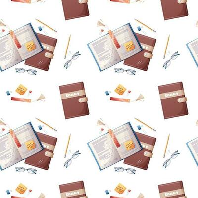 Seamless pattern with textbooks and stationery on a white background. The texture is great for paper, wallpaper, textiles. school theme, back to school, study