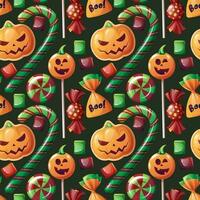 Seamless pattern with Halloween sweets on a dark background. Cookies in the form of pumpkin, candy, lollipop, marshmallow. Trick or treat. Festive texture great for wrapping paper, wallpaper, fabric,. vector