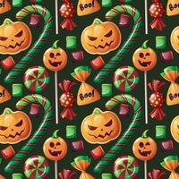 Seamless pattern with Halloween sweets on a dark background. Cookies in the form of pumpkin, candy, lollipop, marshmallow. Trick or treat. Festive texture great for wrapping paper, wallpaper, fabric,. vector