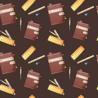 Seamless pattern with diary, pencil case, paper clips, pen, pencils on a dark background. Back to school, knowledge day. Suitable for textiles, paper, wallpapers, etc. vector