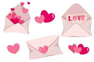 Set of envelopes with pink hearts. Valentine s Day Stickers. vector