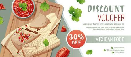 Discount voucher, mexican food template design. Coupon with tamales and salsa sauce. Banner, poster, flyer, advertising for a restaurant vector