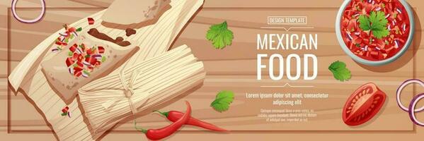 Horizontal banner with tamales and salsa sauce. Traditional Mexican food. vector