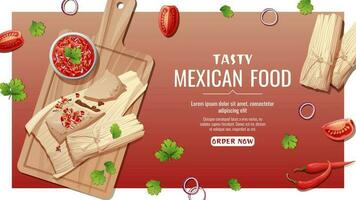 Banner with tamales with salsa sauce. National Mexican food. Tasty and healthy food, cooking, menu. Online food order vector