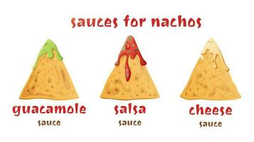 Popular sauces for nachos, guacamole, salsa, cheese sauce.Mexican national food. Crispy corn chips. Vector illustration isolated background