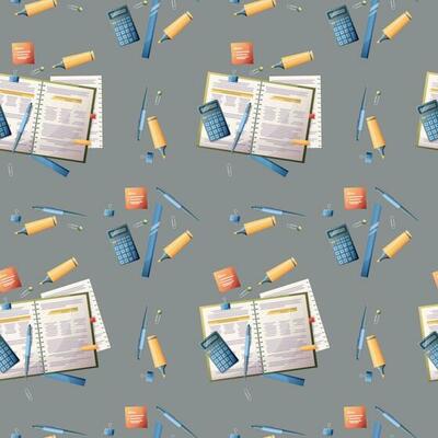 Seamless pattern with textbooks and school supplies on a striped background. The texture is great for paper, wallpaper, textiles. school theme, back to school, study