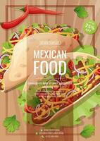 mexicano comida volantes modelo. tacos con picado carne, verduras, chile y queso. vector ilustración de tradicional mexicano alimento. descuento póster, bandera volantes para café y restaurante