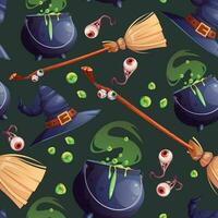 Vector Halloween Seamless pattern with hat, witches cauldron and broom on green background. Magical background for a terrible holiday