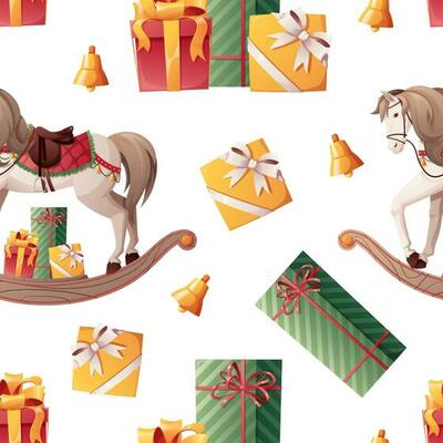 Seamless pattern with rocking horse and gifts. Christmas wrapping paper for gifts, wallpapers, textiles. New Year s decor.