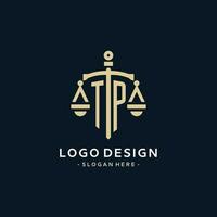 TP initial logo with scale of justice and shield icon vector